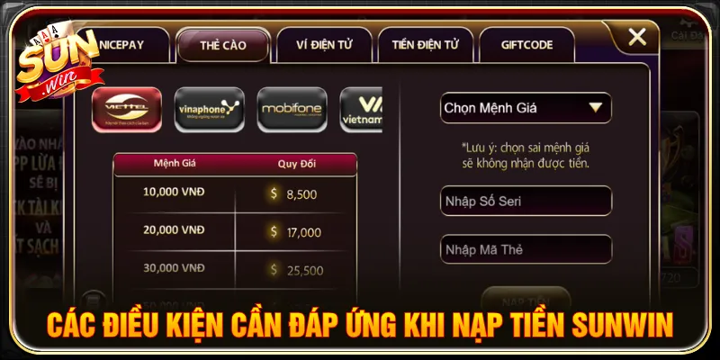 Người chơi chuẩn bị đầy đủ các yêu cầu nạp tiền SUNWIN